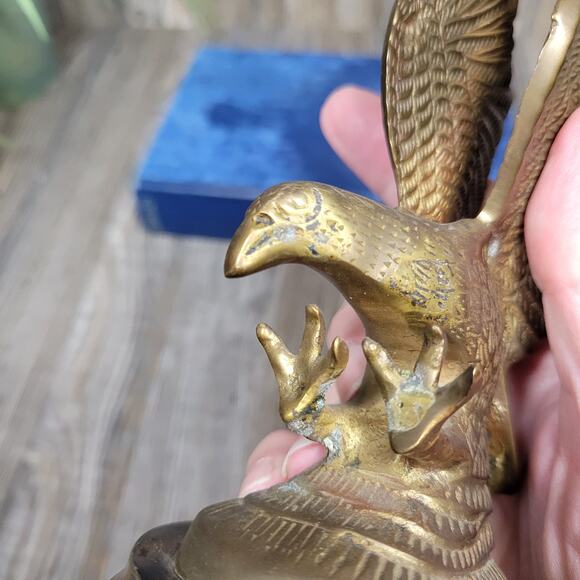 Vintage Brass Eagle Paperweight, Wood Base Figurine - Picture 4 of 8